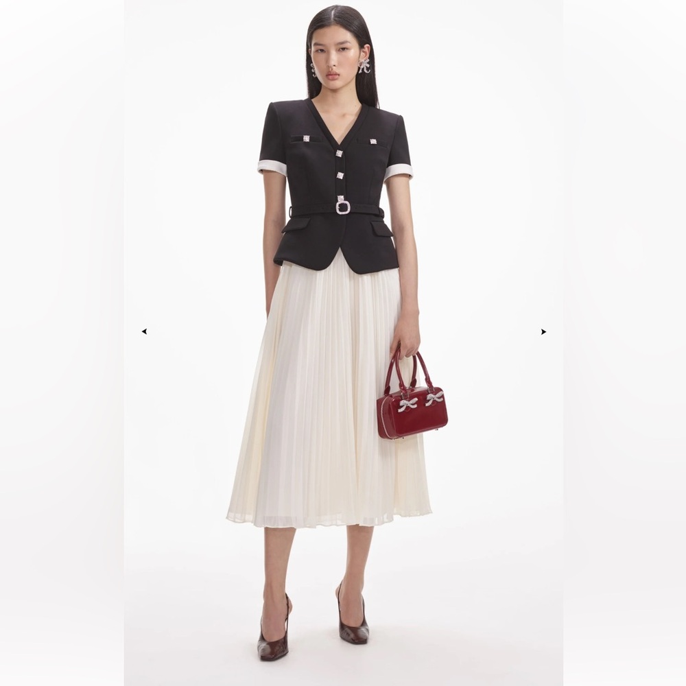 Self-Portrait Black Fitted Jacket with Ivory Pleated Midi Skirt